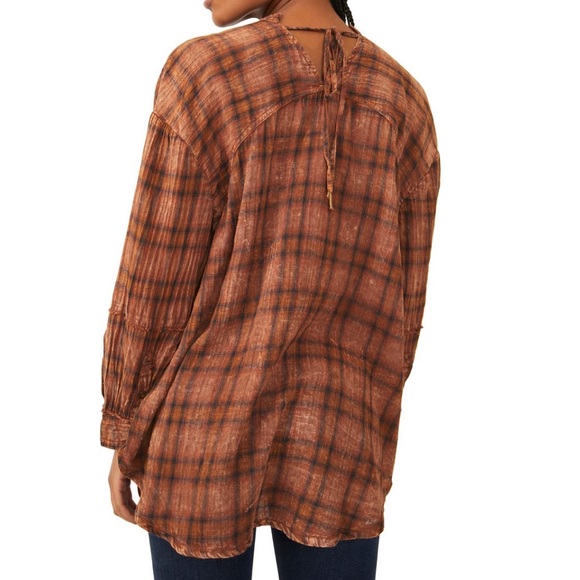 Free People One Of The Boys Oversized Plaid Tunic Shirt NWT Size S Brown Combo - Picture 4 of 6